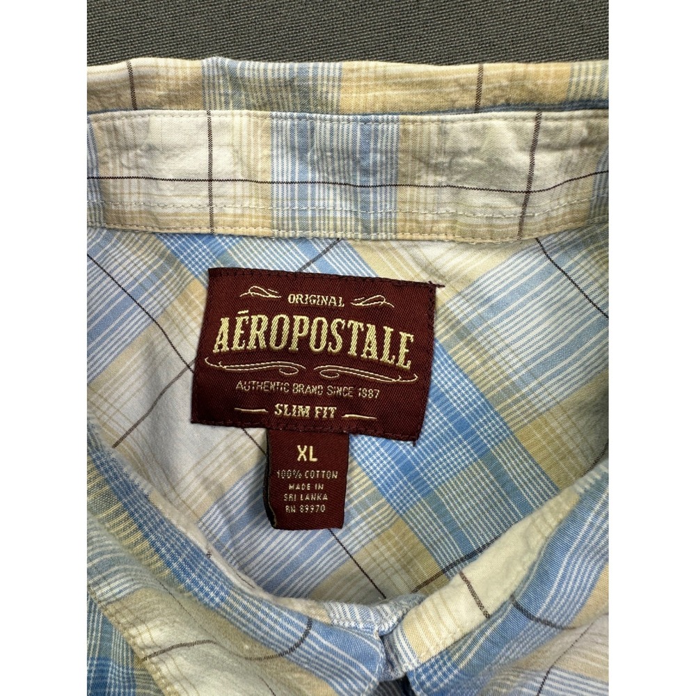 Aeropostale Men Slim Fit Western Pearl Snap Plaid Shirt‎ Blue Tan XL Long Sleeve